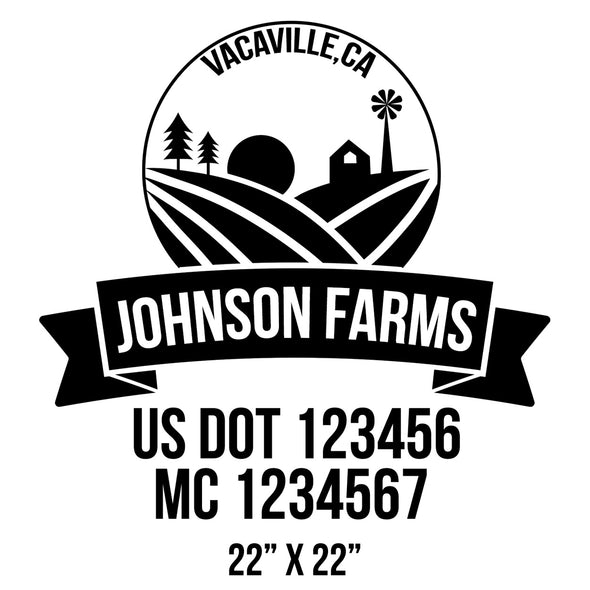 company name farm, field, ribbon and US DOT