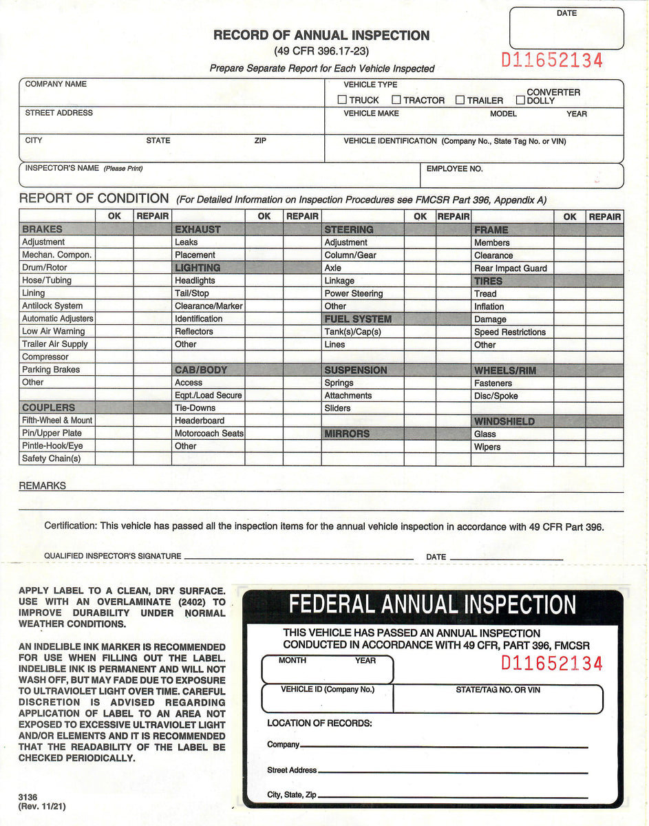 Record of Annual Inspection Sheet Carbonless (49 CFR 396.17-23) With S ...