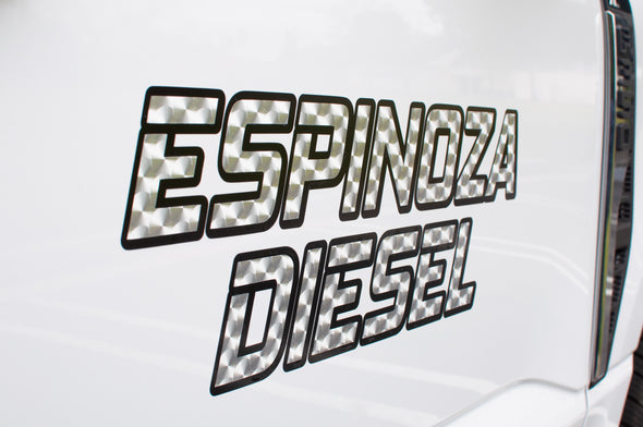 metallic silver engine turn business name truck door decal