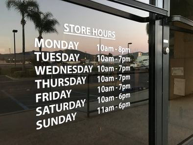 Custom Window Glass & Glass Door Store Business Hours Sign Decal Sticker For Business or Commercial Use