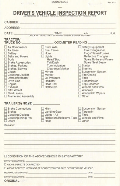 Driver's Vehicle Inspection Report Paper Sheet Carbonless (2-Ply)