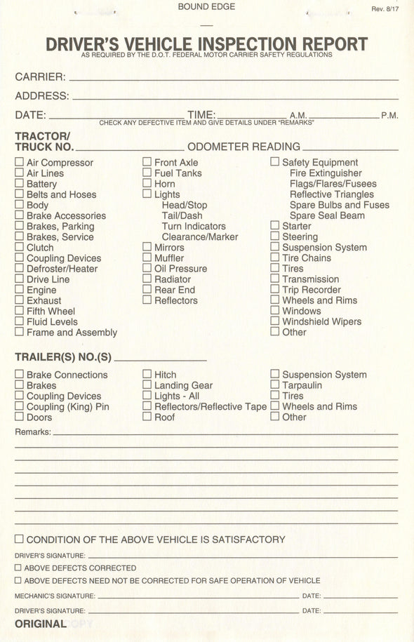 Driver's Vehicle Inspection Report Paper Sheet Carbonless (2-Ply)