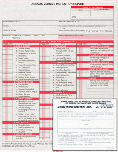 Annual Vehicle Inspection Report Sheet Carbonless With White FMCSA Annual Vehicle Inspection Label Decal Sticker