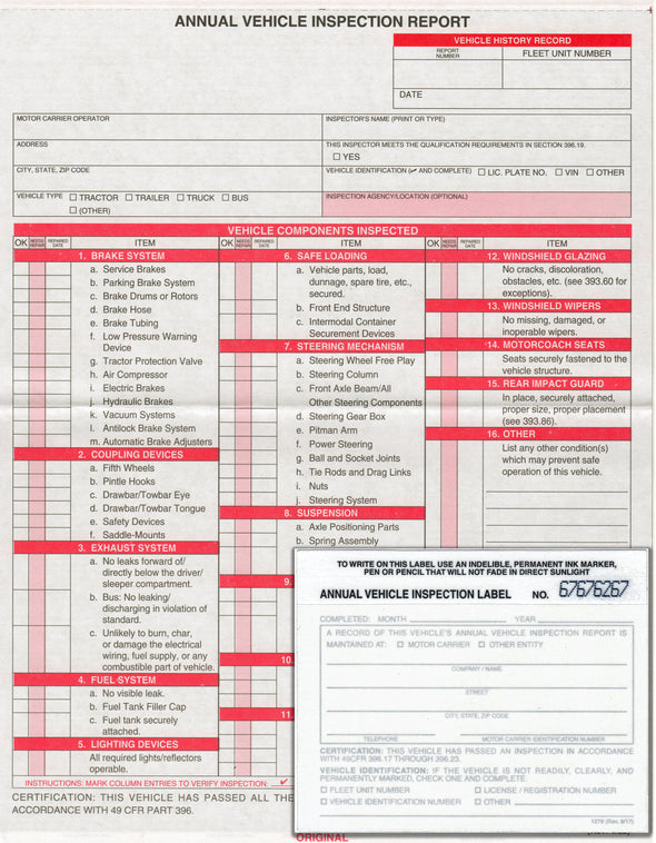 Annual Vehicle Inspection Report Sheet Carbonless With White FMCSA Annual Vehicle Inspection Label Decal Sticker