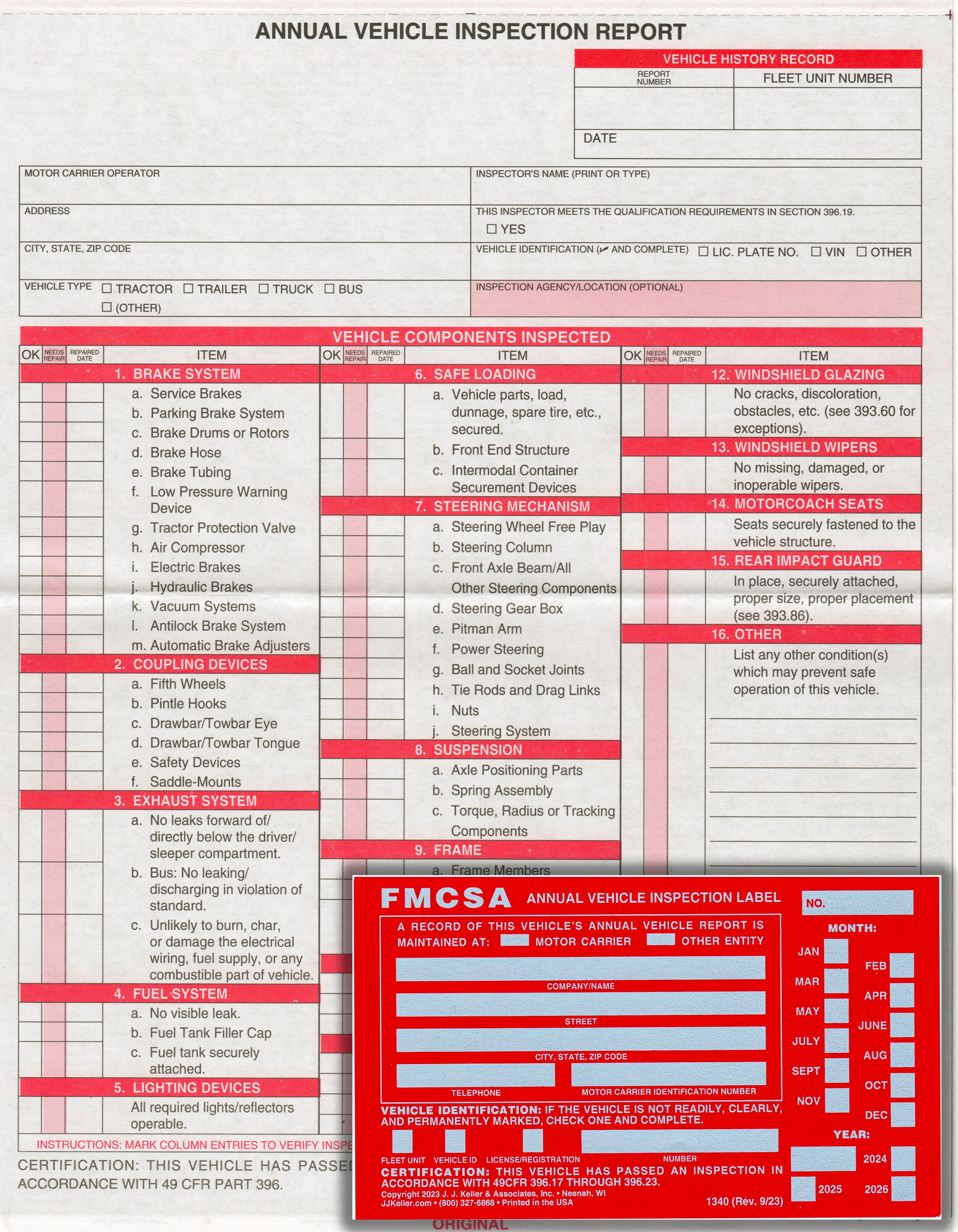 Inspection Numbers File Annual Vehicle Inspection Report Sheet Carbonless With Red FMCSA Annua ...