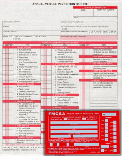 Annual Vehicle Inspection Report Sheet Carbonless With Red FMCSA Annual Vehicle Inspection Label Decal Sticker