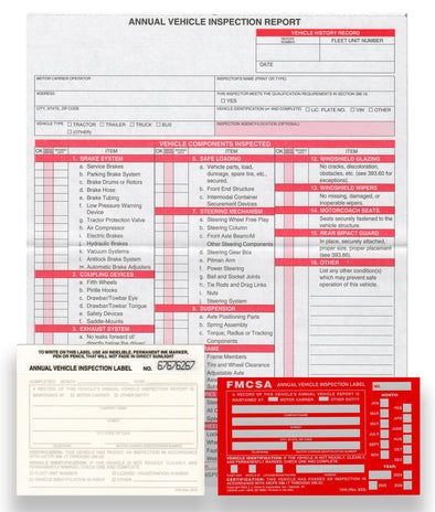 Annual Vehicle Inspection Report Sheet Carbonless With Both White & Red FMCSA Annual Vehicle Inspection Label Decal Sticker