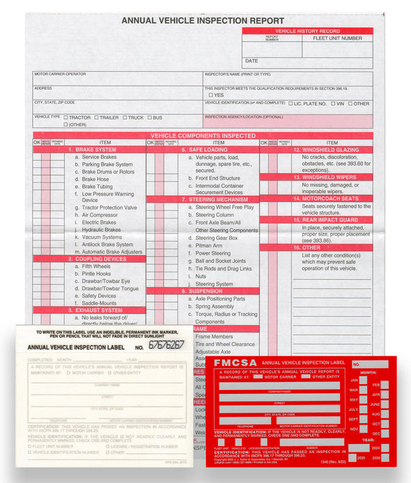Annual Vehicle Inspection Report Sheet Carbonless With Both White & Red FMCSA Annual Vehicle Inspection Label Decal Sticker