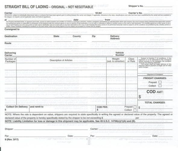 Straight Bill Of Lading Short Form Paper Sheet Carbonless (3-Ply)
