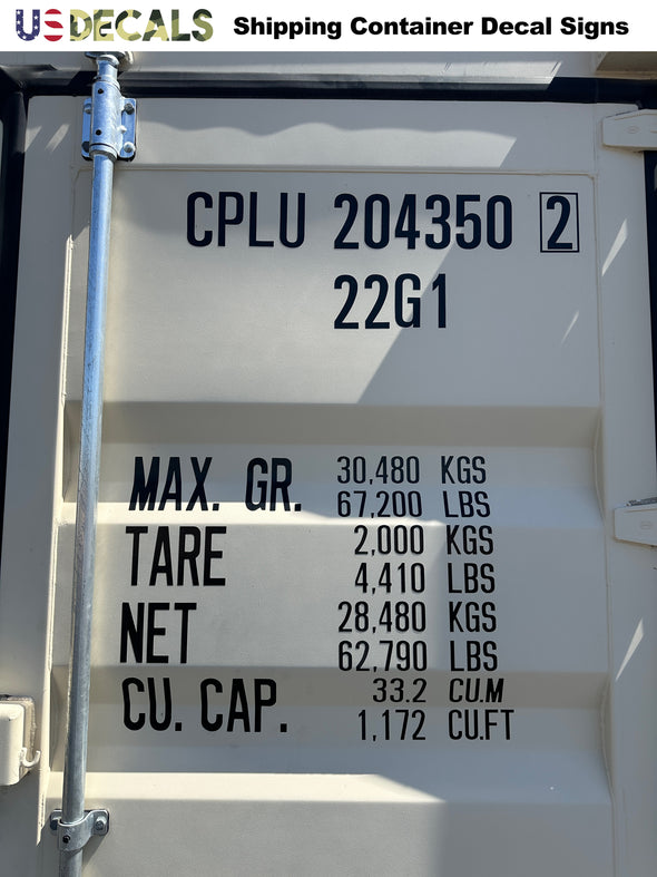 Custom Shipping Container MAX GROSS, TARE, PAYLOAD, CUBE Lettering Number Sticker Decals, 2 Pack