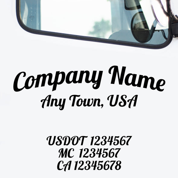 Company name decal with location, usdot, mc number and optional regulation 