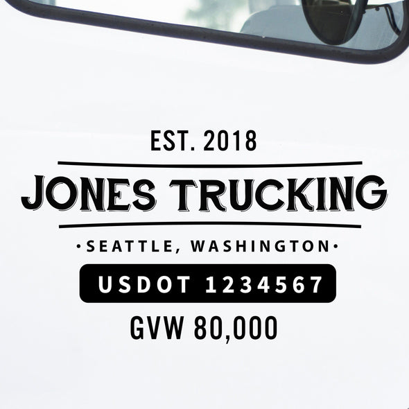 custom vintage company name decal, with location, usdot number, and gvw