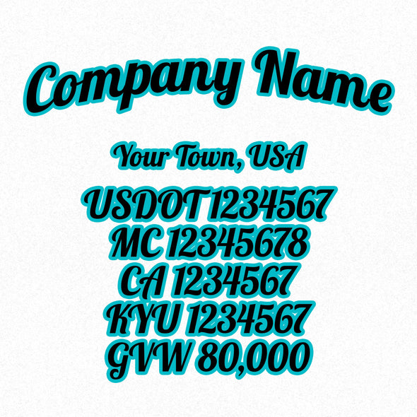 company name, city, usdot, mc, ca, kyu & gvw decal sticker
