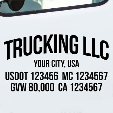 arched trucking company name, location, usdot, mc, gvw & ca decal sticker (semi truck door lettering)