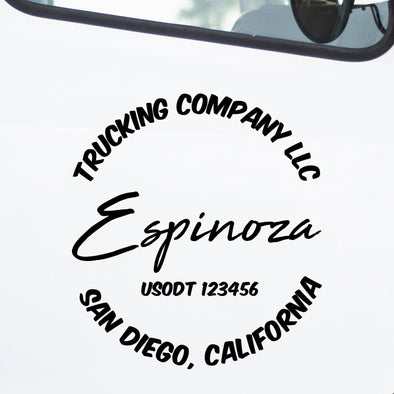 Circled company name decal with location and usdot number