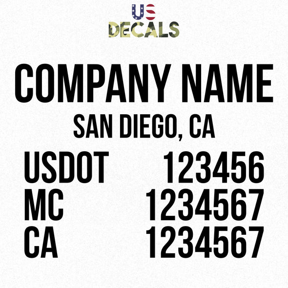 company name, location, usdot, mc & ca decal sticker (Semi truck door lettering)