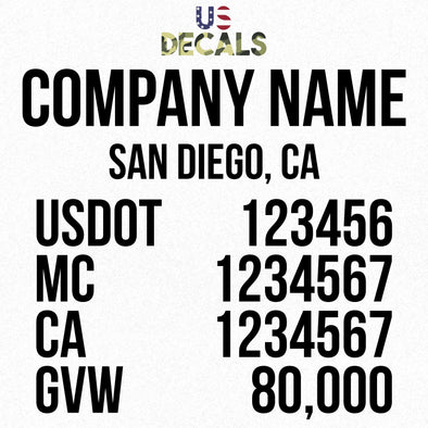 business name, location, usdot, mc, ca & gvw truck door lettering decal sticker
