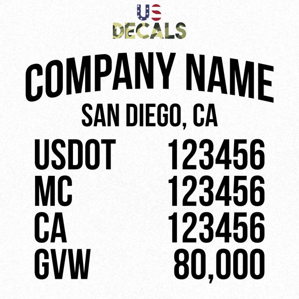 company name, location, usdot, mc, ca & gvw decal sticker
