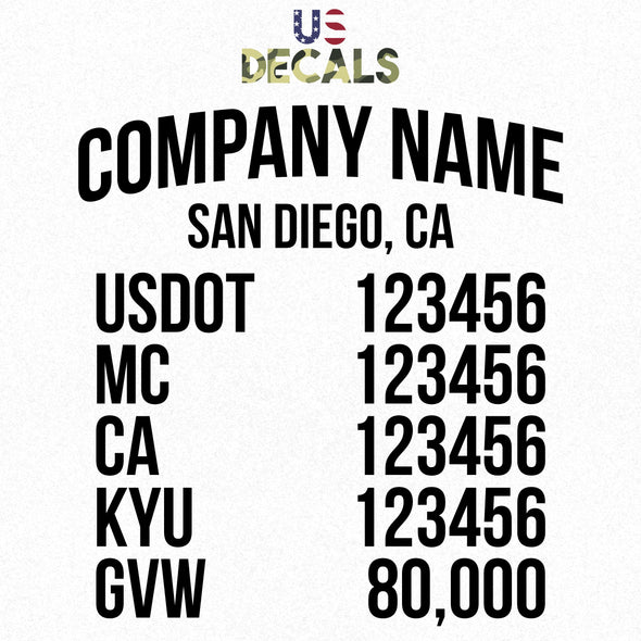 company name, location, usdot, mc, ca, kyu & gvw decal sticker