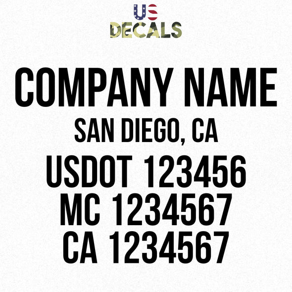 company name, location, usdot, mc & ca decal sticker (semi truck door lettering)