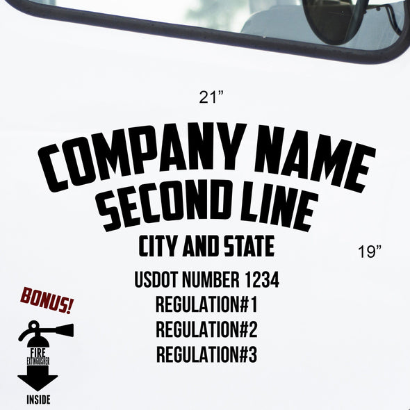 Curved Company Name & Regulation Lines Decal With Bonus Fire Extinguisher Decal, 2 Pack
