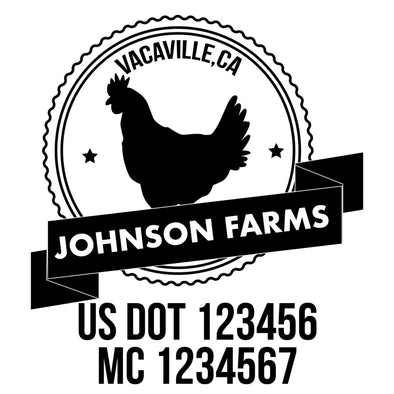 company name farm, hen, ribbon and US DOT