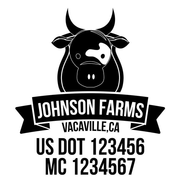 company name farm, cow, ribbon and US DOT