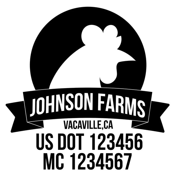 company name farm circle, hen, ribbon and US DOT