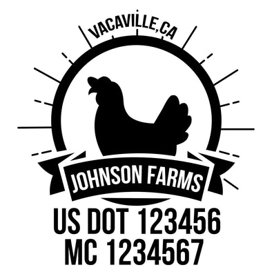 company name farm, hen, ribbon and US DOT
