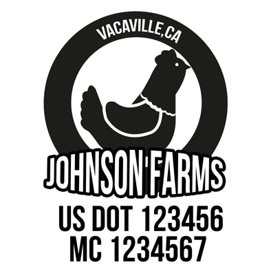 company name farm, chicken, circle and US DOT