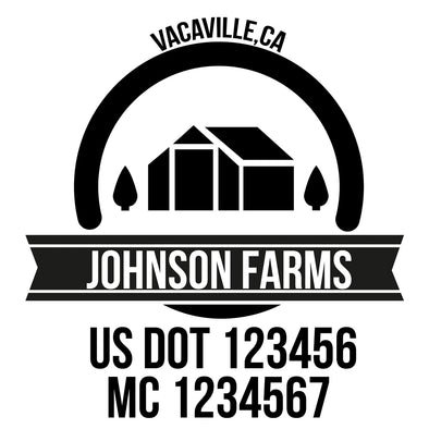 company name farm, house , circle, ribbon and US DOT 