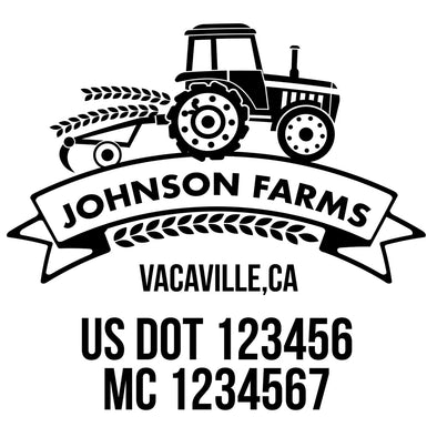 company name farm, tractor, grain, ribbon and US DOT