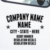 Company name decal with location and regulation numbers