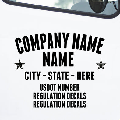 Company name decal with location and regulation numbers